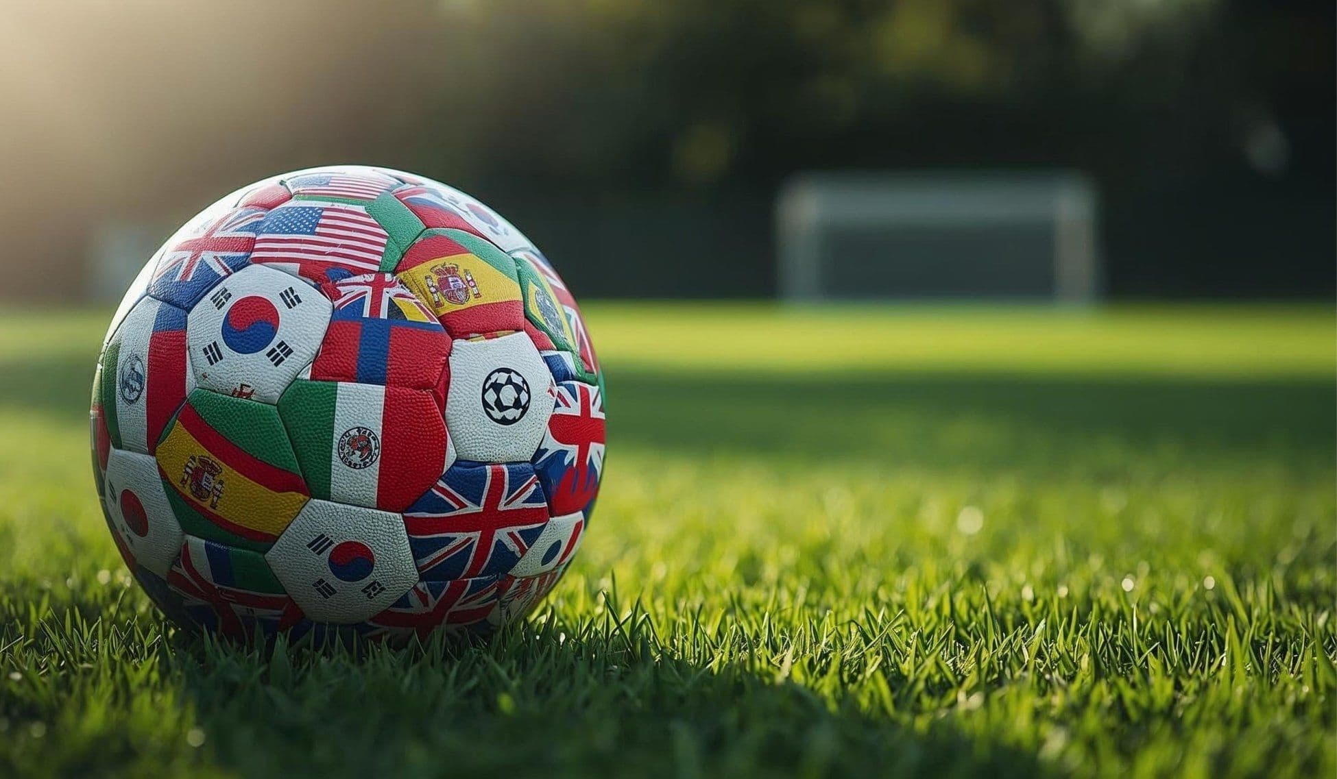 World Cup charter jet promotion: soccer ball covered in national flags resting on a sunlit grass field with a goal in the background.