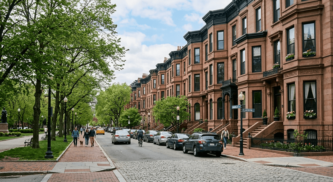 Street view of Boston’s Back Bay neighborhood classic brownstone homes. 