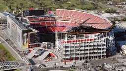 San Francisco — Levi's Stadium: aerial view of an open stadium with a red running track and surrounding development.