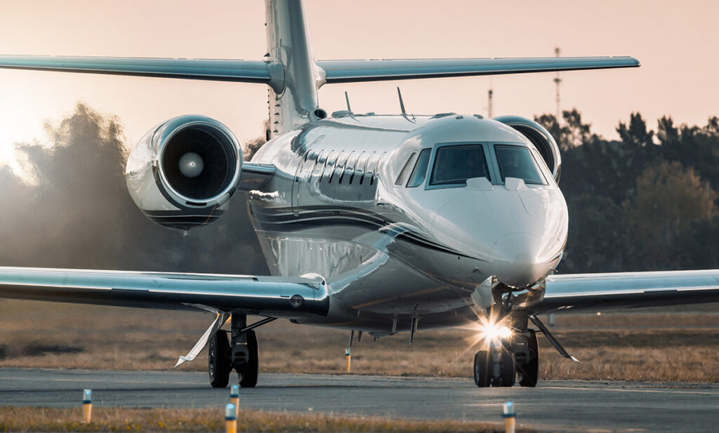 The Cessna Citation X+ jet, currently the fastest commercial jet, comes in for landing.